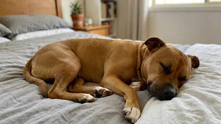 American staffy sleeping on bed