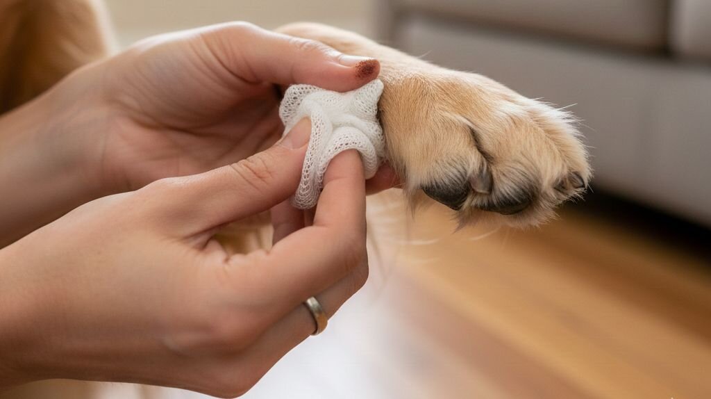 human holding gauze swab on dog paw