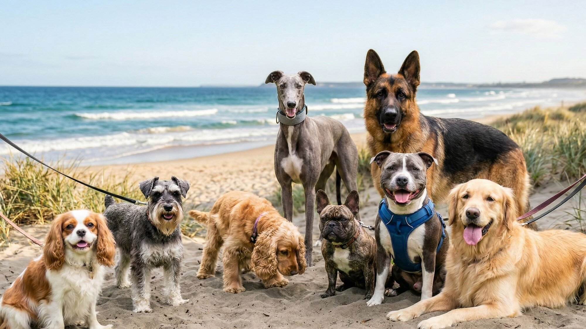 various dog breeds at the beach