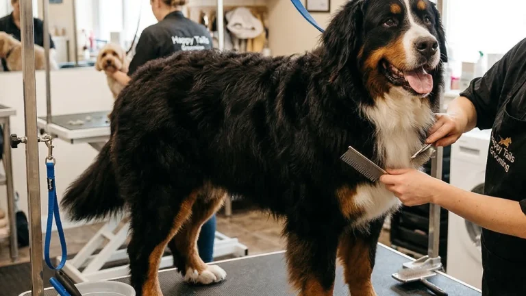 Bernese Mountain Dog being groomed