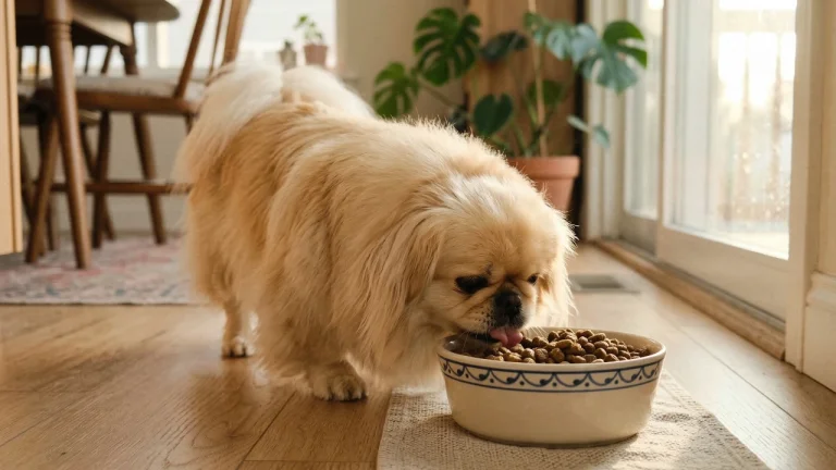 A low-angle close-up photograph of the light-gold Pekingese standing and eating kibble from a patterned ceramic bowl placed on a small textured placemat. Sunlight streams in from a sliding glass door.