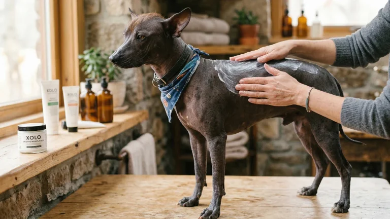Xoloitzcuintli having moisturiser applied