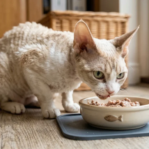 Devon Rex eating wet food from ceramic bowl