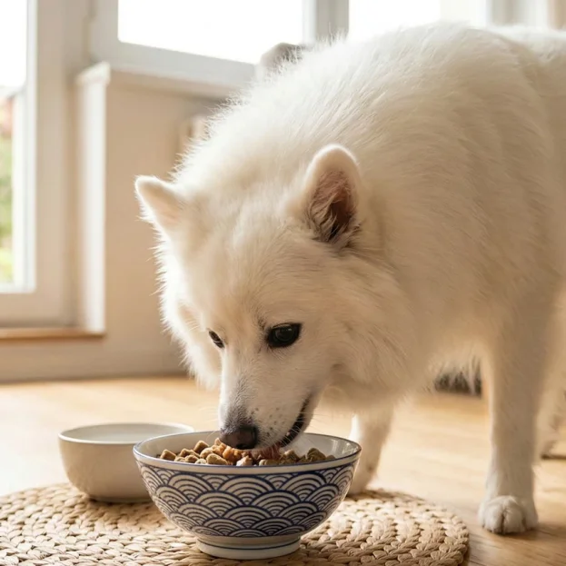 japanese spitz eating from a bowl
