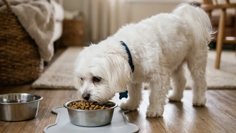 maltese eating dry food from stainless steel bowl