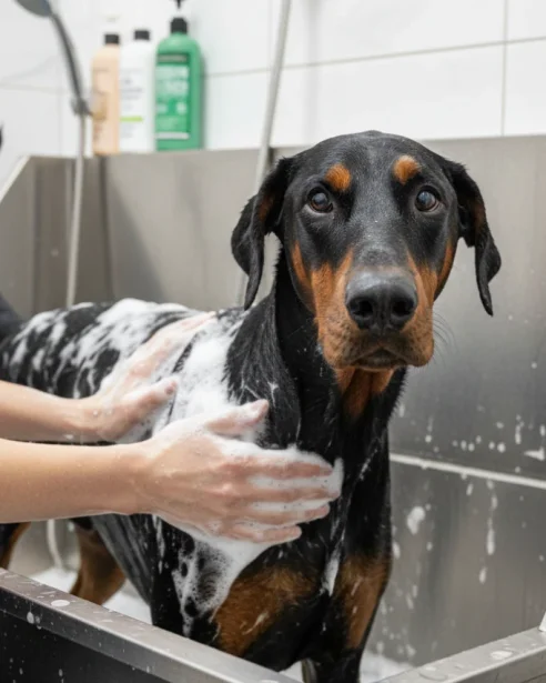 dobermann being bathed