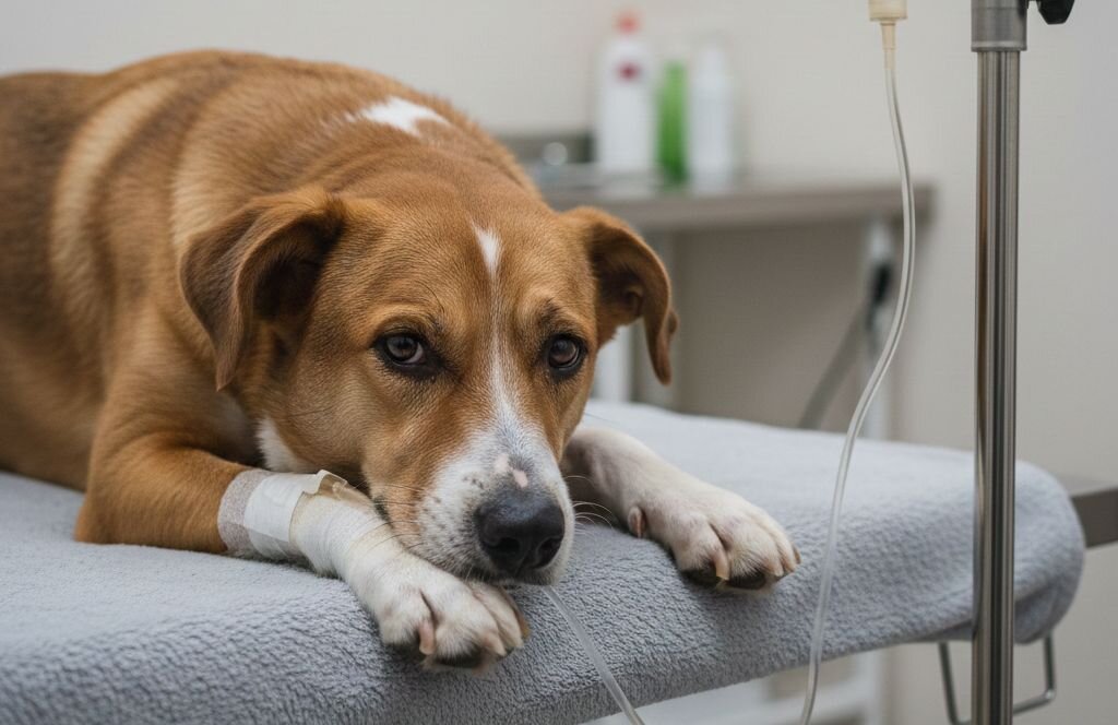 dog laying on veterinary examination table panting heavily