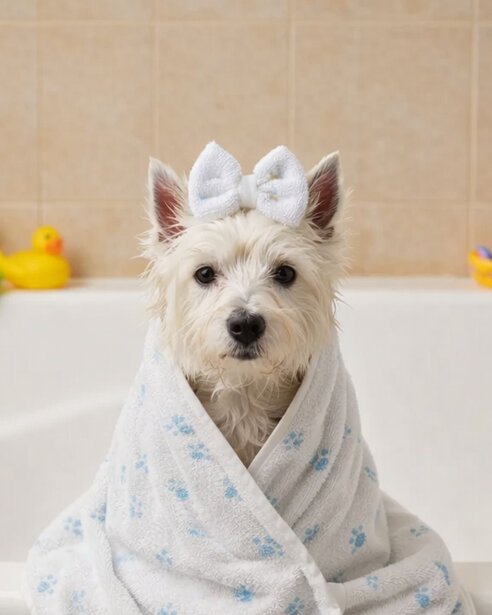 Westie having a bath