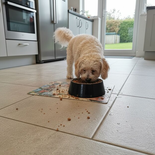 havanese eating from bowl in kitchen