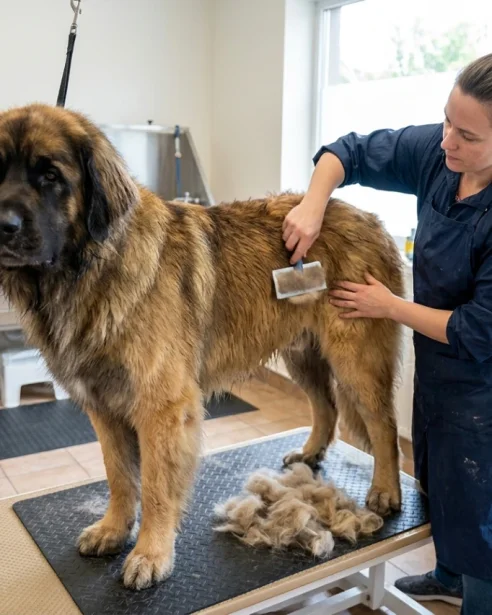 A Leonberger dog having their coat brushed 
