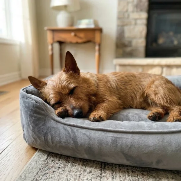Aussie terrier sleeping on a dog bed indoors