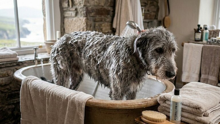 wolfhound-getting-bathed