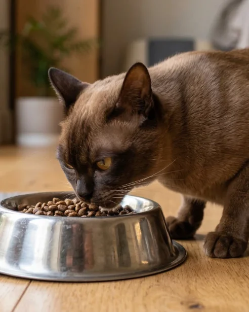 burmese cat eating dry food from bowl