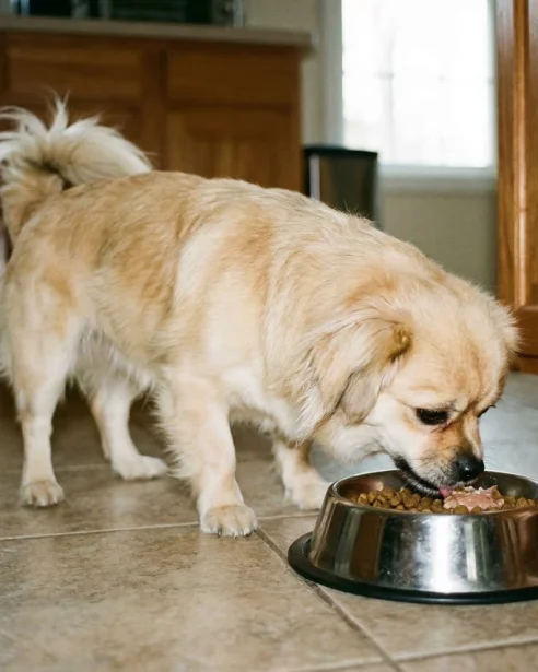 tibetan spaniel eating food from stainless steel bowl