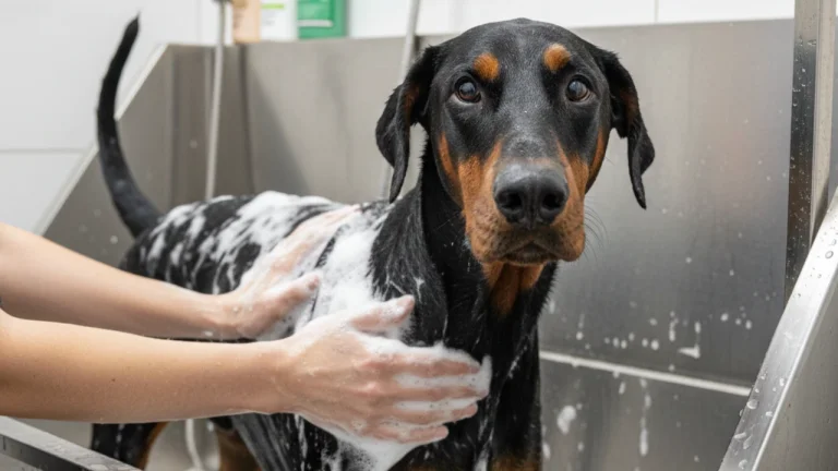 dobermann being bathed