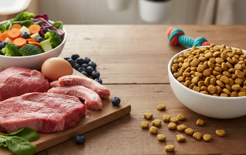 raw food next to dry kibble on bench