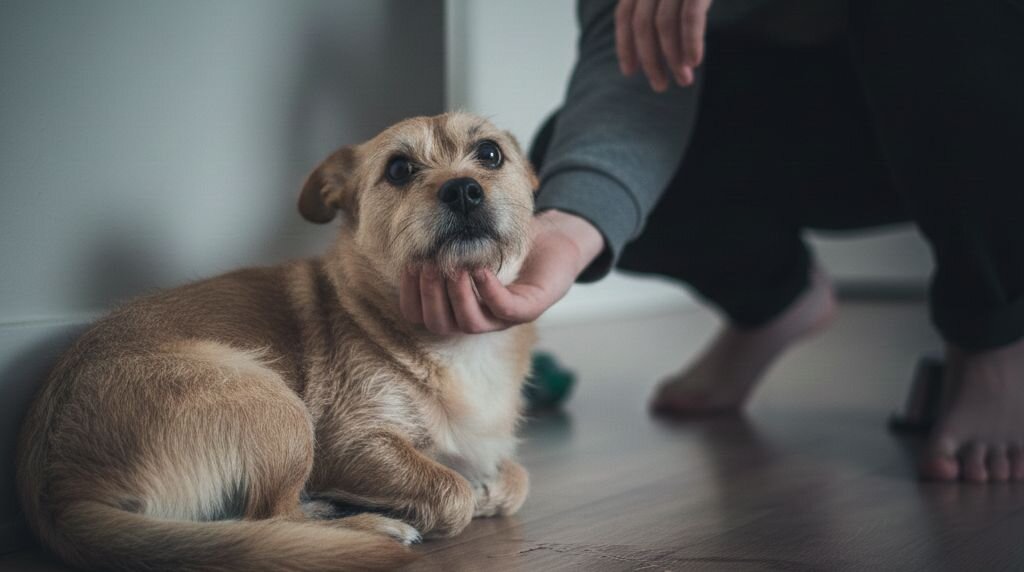 human crouching to pat dog under chin