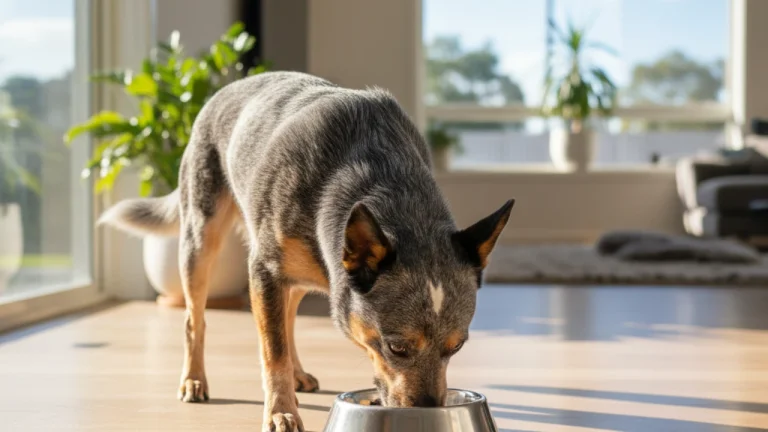 cattle dog eating from stainless steel bowl indoors
