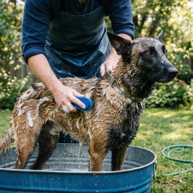 belgian malinois being bathed outdoors
