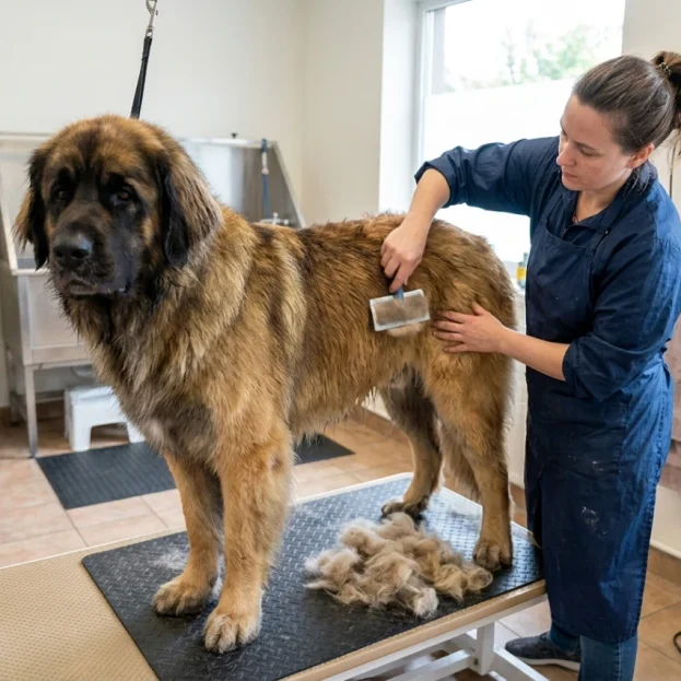 A Leonberger dog having their coat brushed 