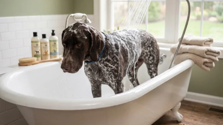 german shorthaired pointer having a bath