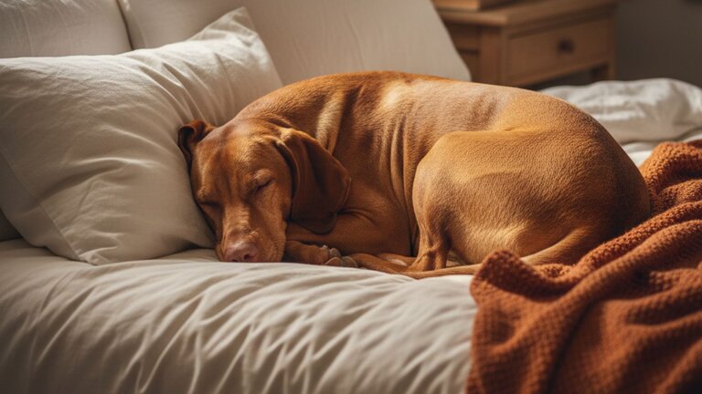 hungarian vizsla sleeping on bed