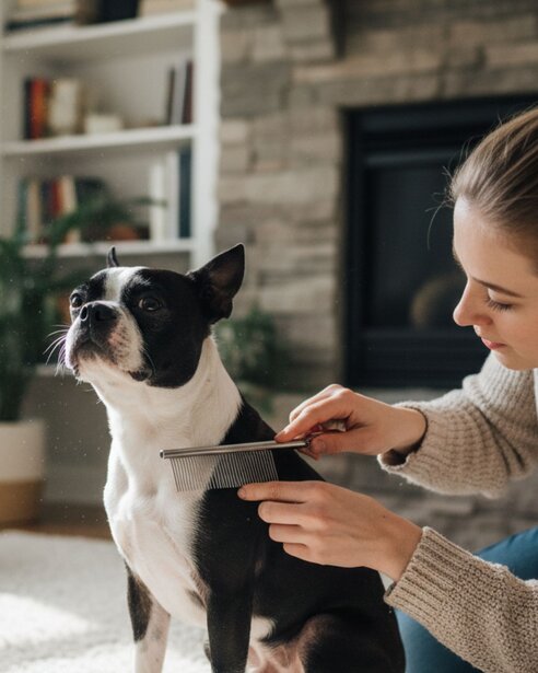 Boston terrier being groomed
