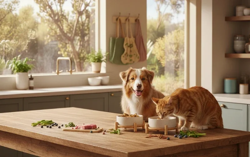 dog and cat eating from bowls on table