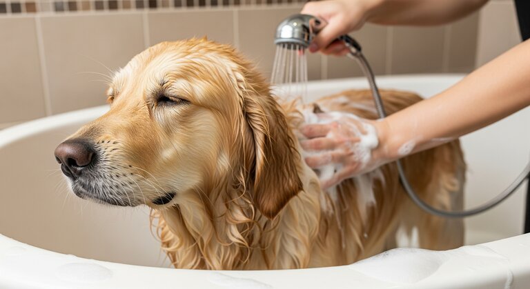 golden retriever having a bath