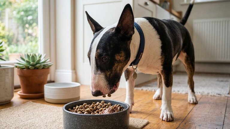 bull-terrier-eating-from-a-bowl
