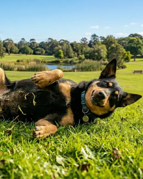 kelpie rolling on grass
