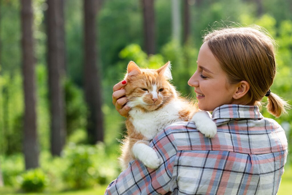 owner cuddling cat out in nature 