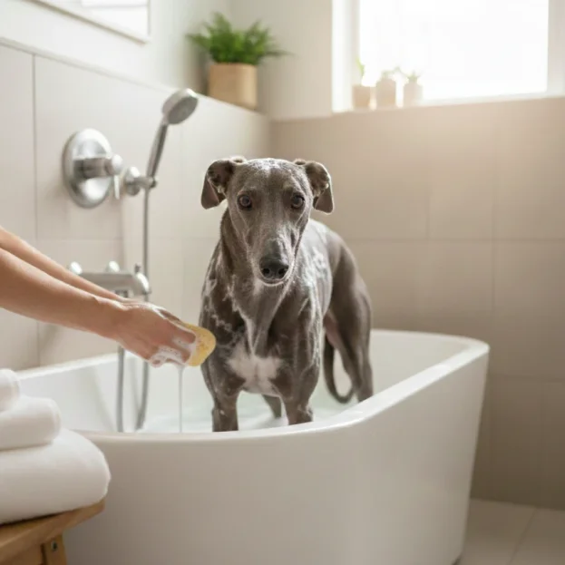 greyhound having a bath