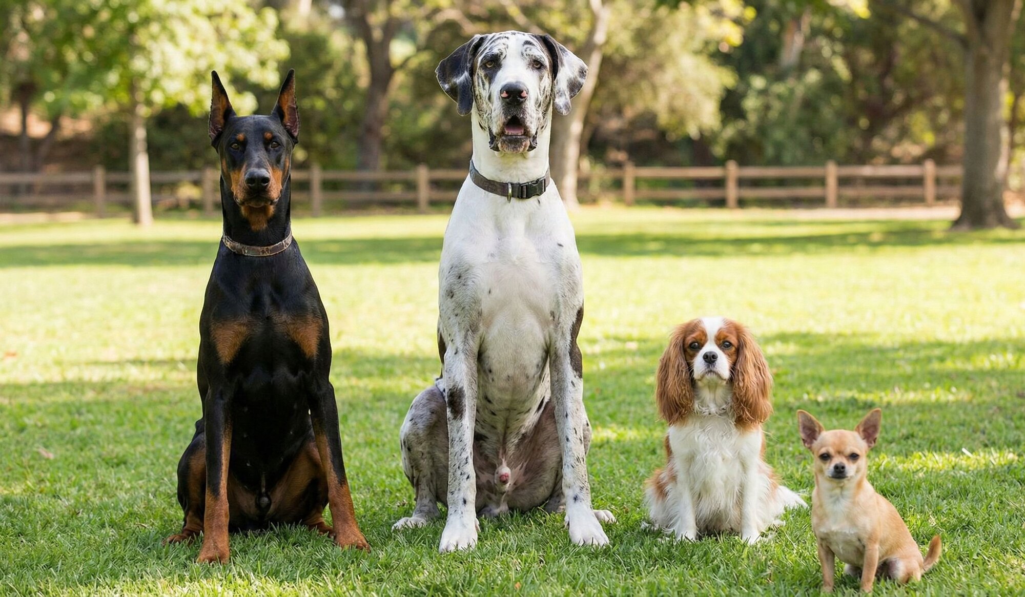 doberman, great dane, cavalier and chihuahua sitting on grass