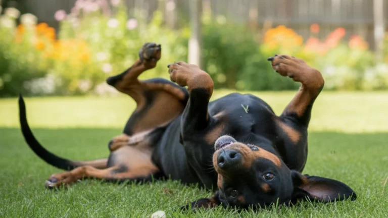 dobermann rolling on grass