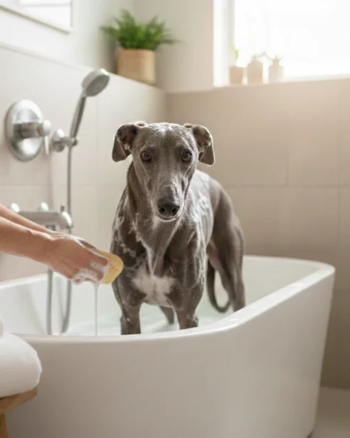 greyhound having a bath