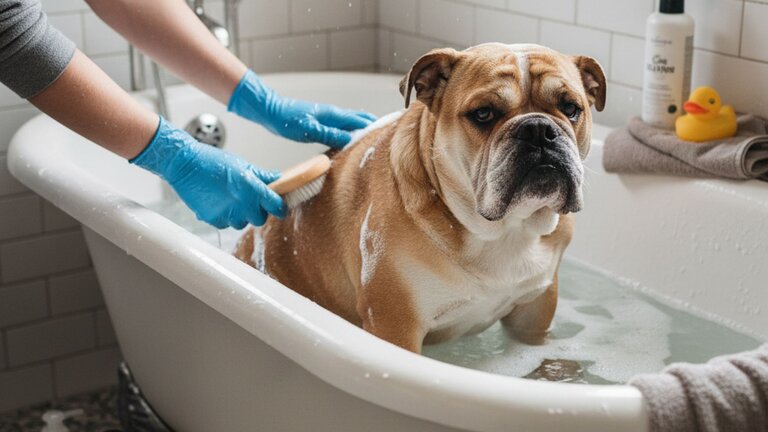 British bulldog having a bath