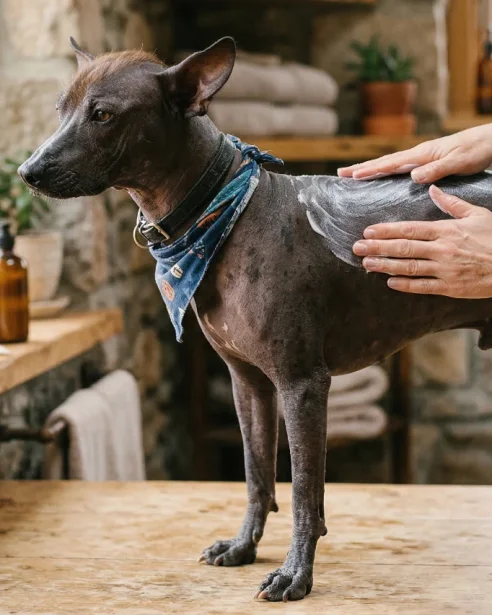Xoloitzcuintli having moisturiser applied