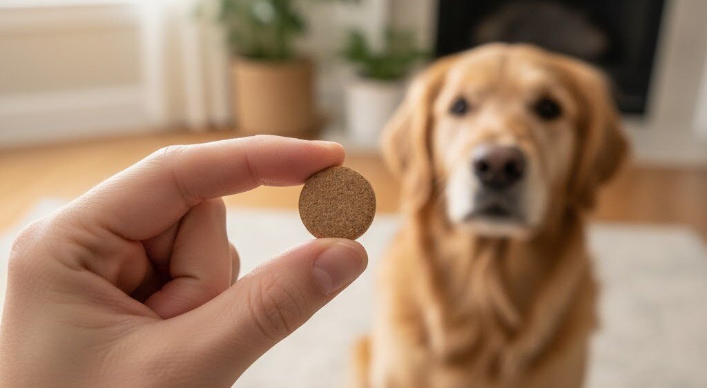 dog looking at chewable tablet