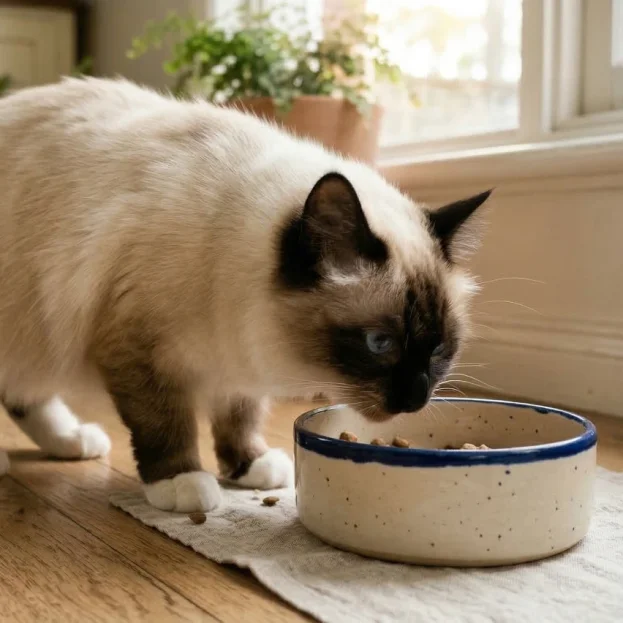 birman cat eating food from ceramic bowl