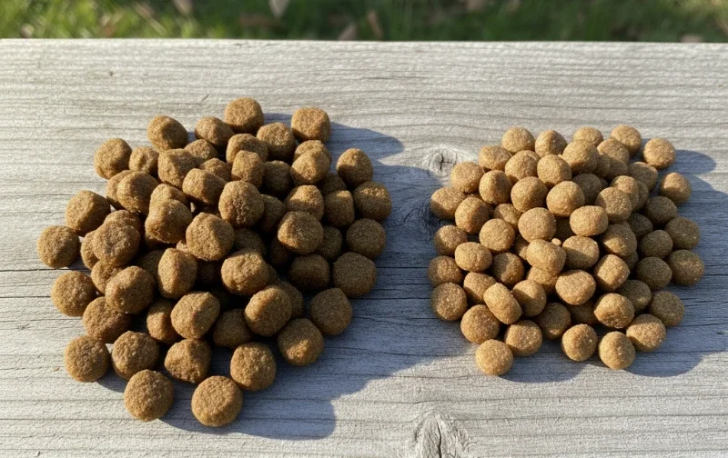 2 piles of kibble side by side on bench