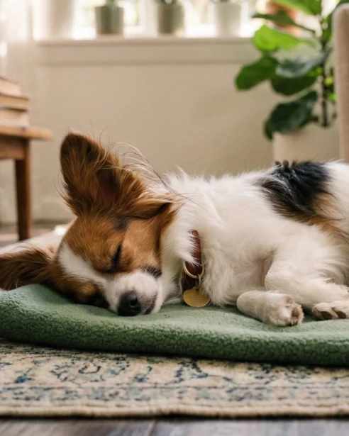 Papillon asleep on mat indoors