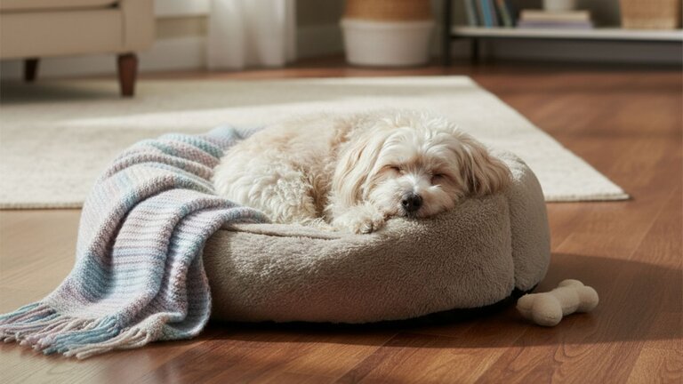 havanese sleeping in dog bed indoors