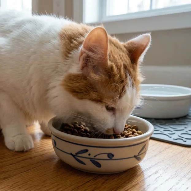 turkish van eating from ceramic bowl