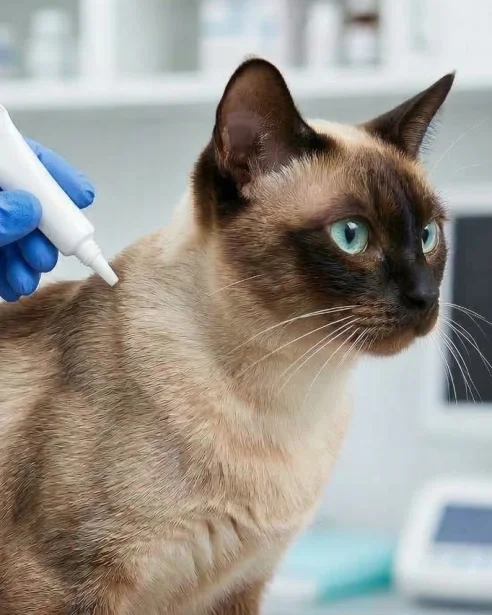 tonkinese cat having parasite preventative applied at vets