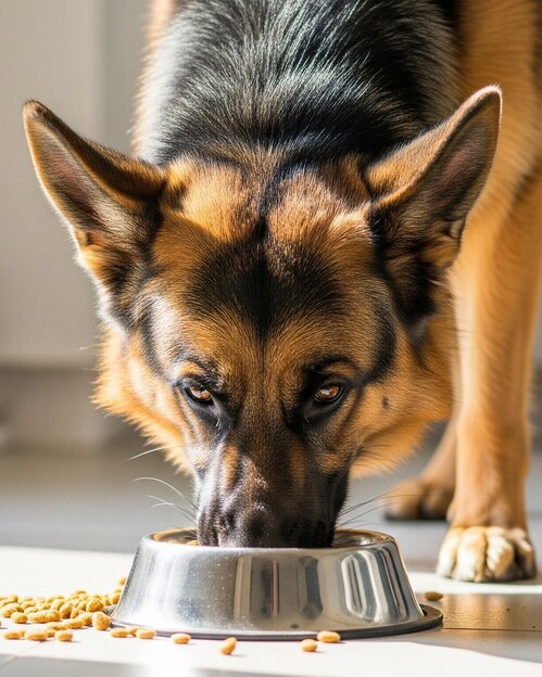 german shepherd eating from stainless steel bowl