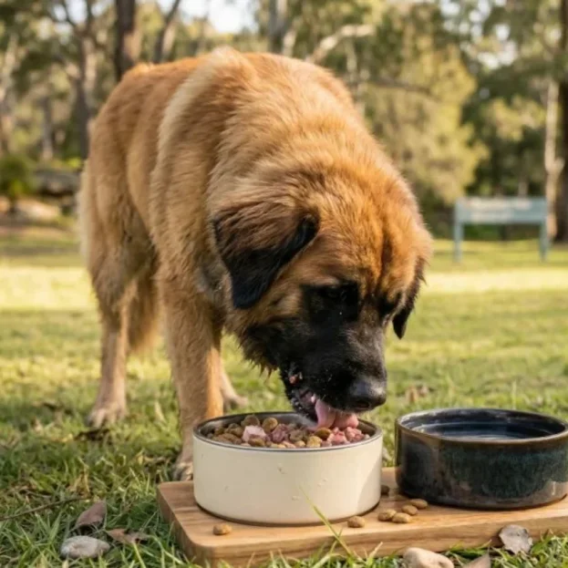An adult Leonberger dog eating dog food from a bowl