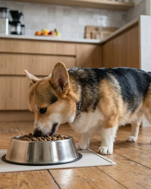 corgi eating dry food from stainless steel bowl