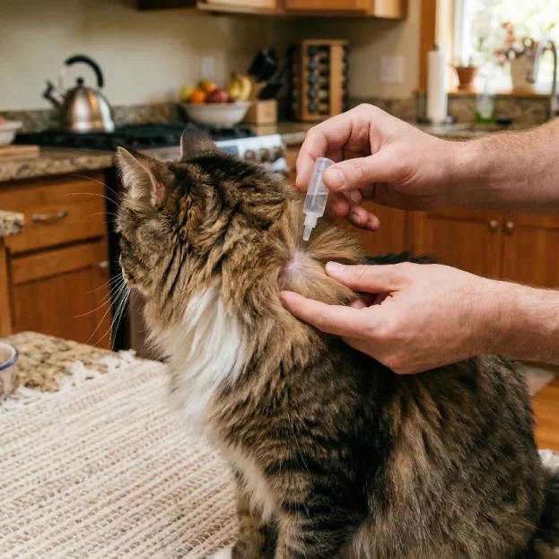 norwegian forest cat having parasite prevention applied