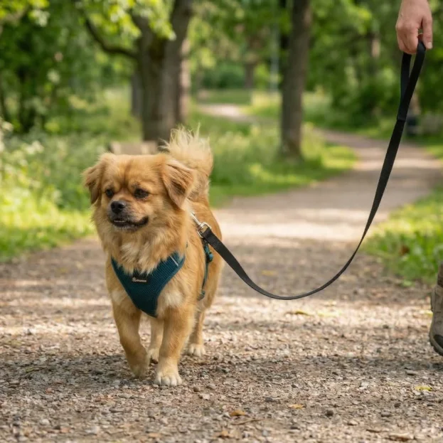 tibetan spaniel walking in a harness and lead